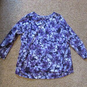 NWOT Roaman's 2X 26/28 Purple floral 3/4 Sleeve Shirt Top Quality Cotton